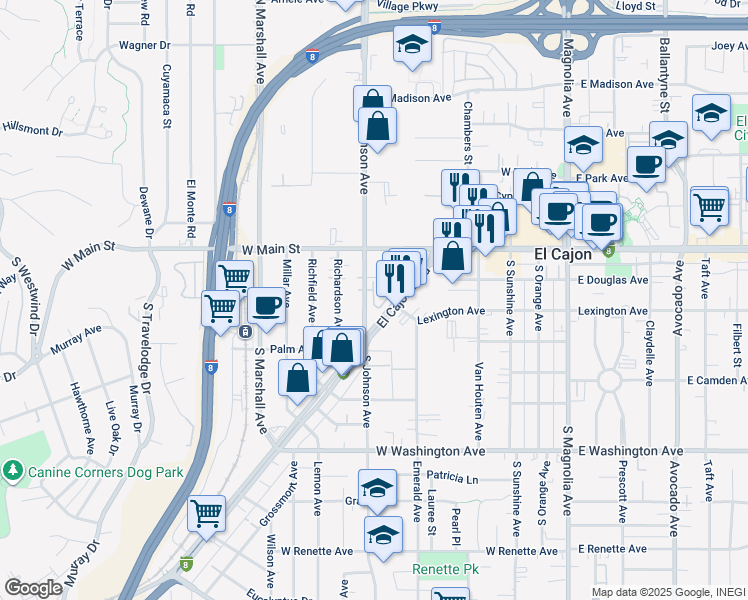 map of restaurants, bars, coffee shops, grocery stores, and more near 300 El Cajon Boulevard in El Cajon