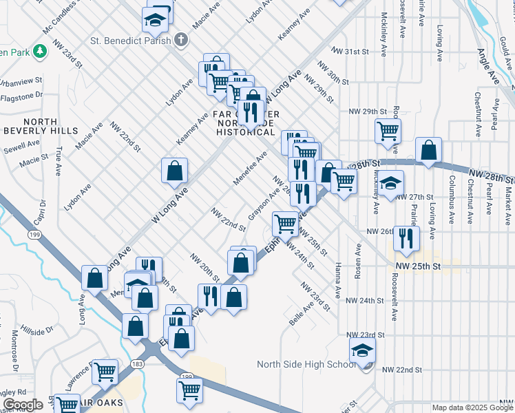 map of restaurants, bars, coffee shops, grocery stores, and more near 2500 Northwest 24th Street in Fort Worth