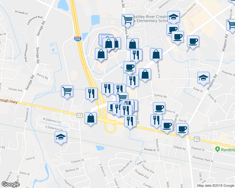 map of restaurants, bars, coffee shops, grocery stores, and more near 2048 Sam Rittenberg Boulevard in Charleston