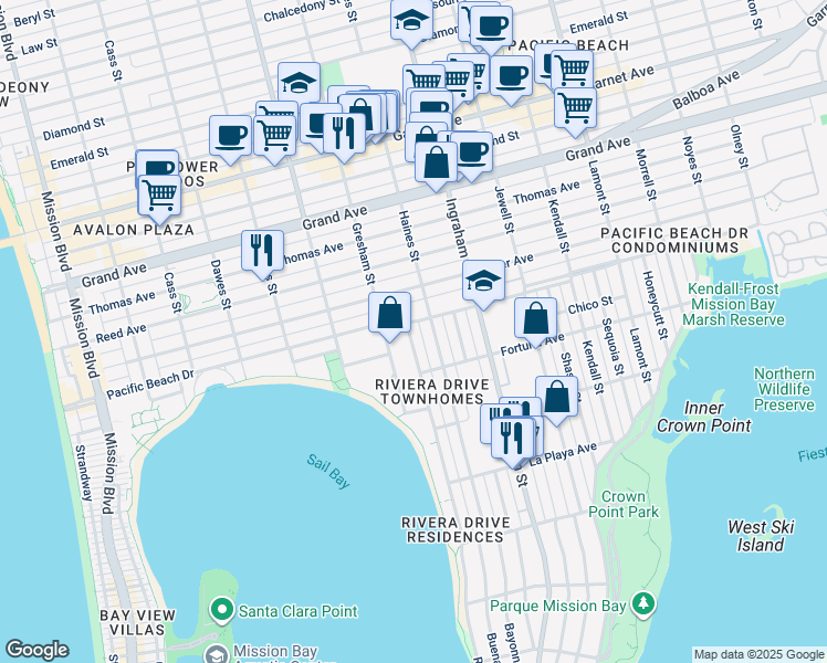 map of restaurants, bars, coffee shops, grocery stores, and more near 4073 Riviera Drive in San Diego