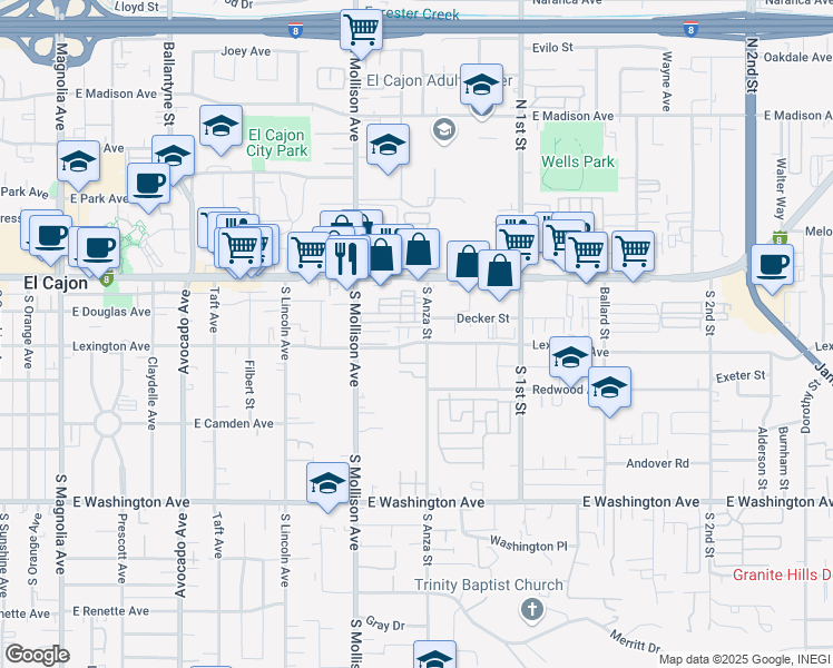 map of restaurants, bars, coffee shops, grocery stores, and more near 240 South Anza Street in El Cajon