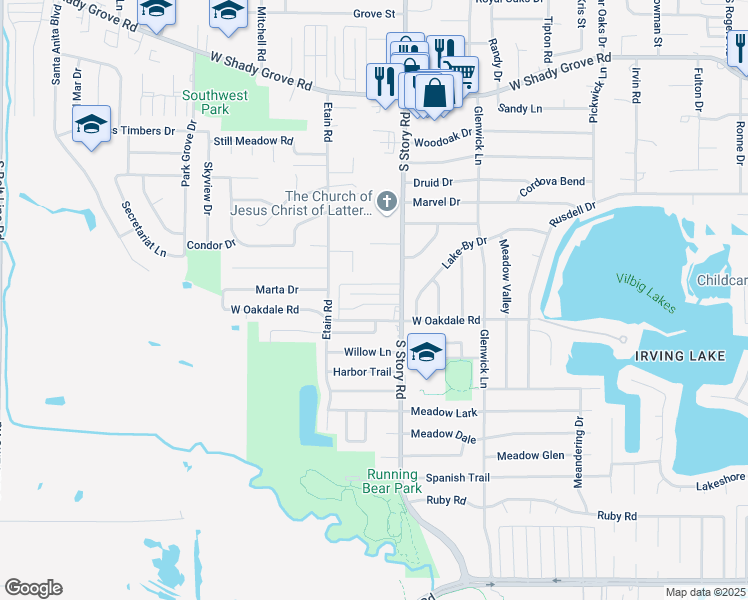 map of restaurants, bars, coffee shops, grocery stores, and more near 2416 Pecan Grove Court in Irving