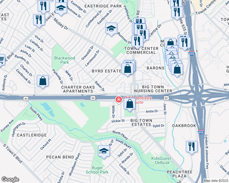 map of restaurants, bars, coffee shops, grocery stores, and more near 2457 U.S. Highway 80 in Mesquite
