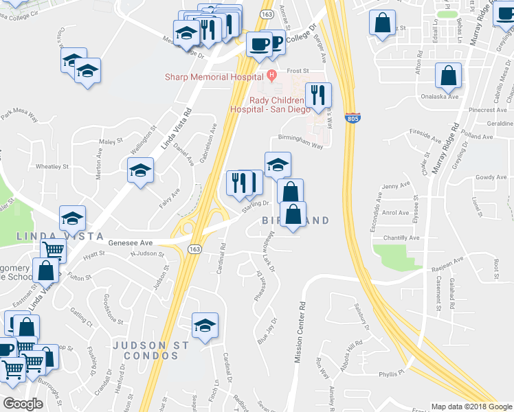 map of restaurants, bars, coffee shops, grocery stores, and more near 7799 Starling Drive in San Diego
