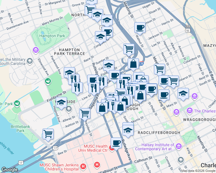 map of restaurants, bars, coffee shops, grocery stores, and more near 280 Rutledge Avenue in Charleston