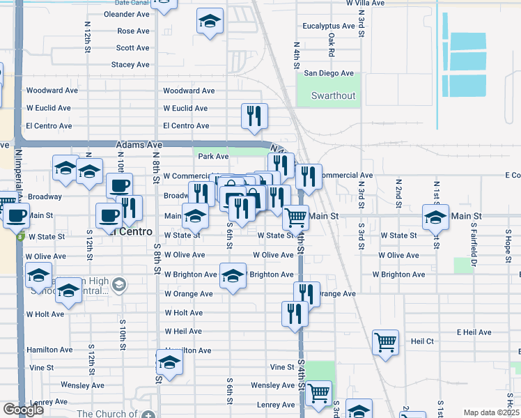 map of restaurants, bars, coffee shops, grocery stores, and more near 510 Main Street in El Centro