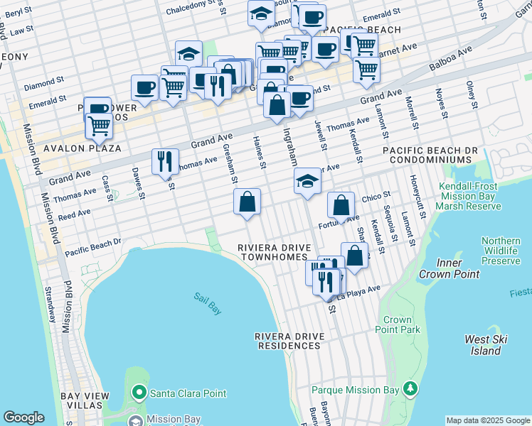 map of restaurants, bars, coffee shops, grocery stores, and more near 4073 Riviera Drive in San Diego