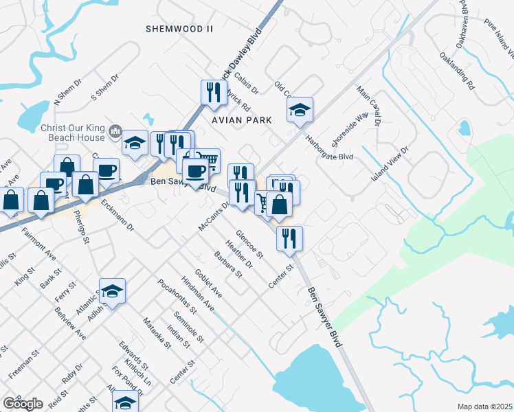 map of restaurants, bars, coffee shops, grocery stores, and more near 1405 Ben Sawyer Bikeway in Mount Pleasant
