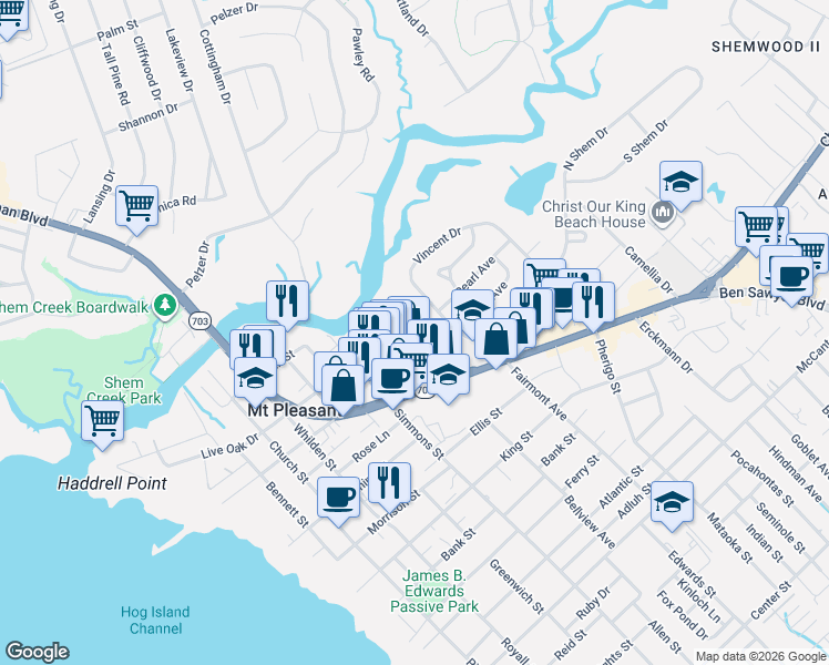 map of restaurants, bars, coffee shops, grocery stores, and more near 656 Coleman Boulevard in Mount Pleasant