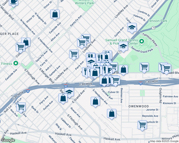 map of restaurants, bars, coffee shops, grocery stores, and more near 5413 Philip Avenue in Dallas