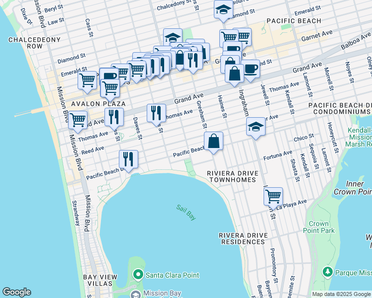 map of restaurants, bars, coffee shops, grocery stores, and more near 1278 Pacific Beach Drive in San Diego