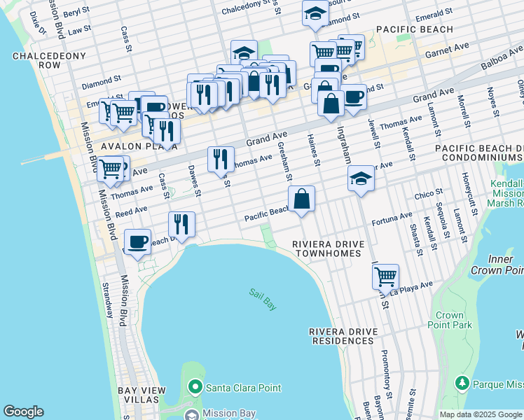 map of restaurants, bars, coffee shops, grocery stores, and more near 1278 Pacific Beach Drive in San Diego