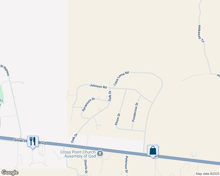 map of restaurants, bars, coffee shops, grocery stores, and more near Johnson Road in Silver City