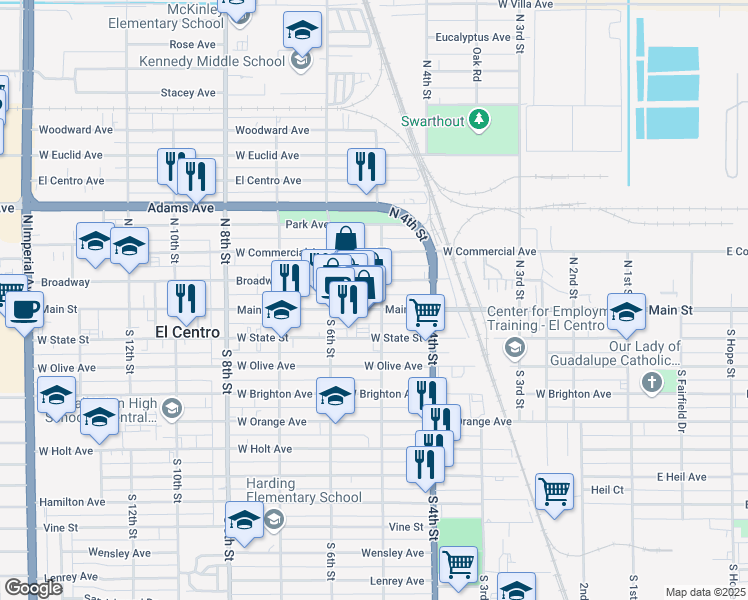 map of restaurants, bars, coffee shops, grocery stores, and more near 510 Main Street in El Centro