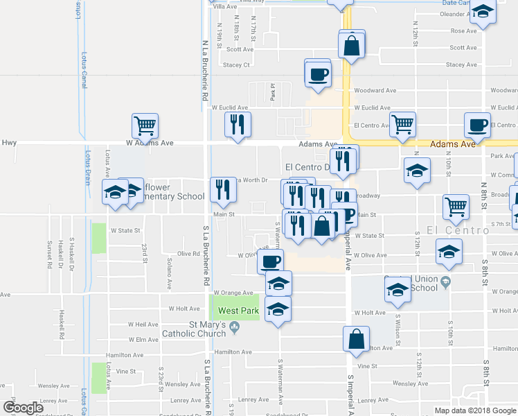 map of restaurants, bars, coffee shops, grocery stores, and more near 1750 West Main Street in El Centro