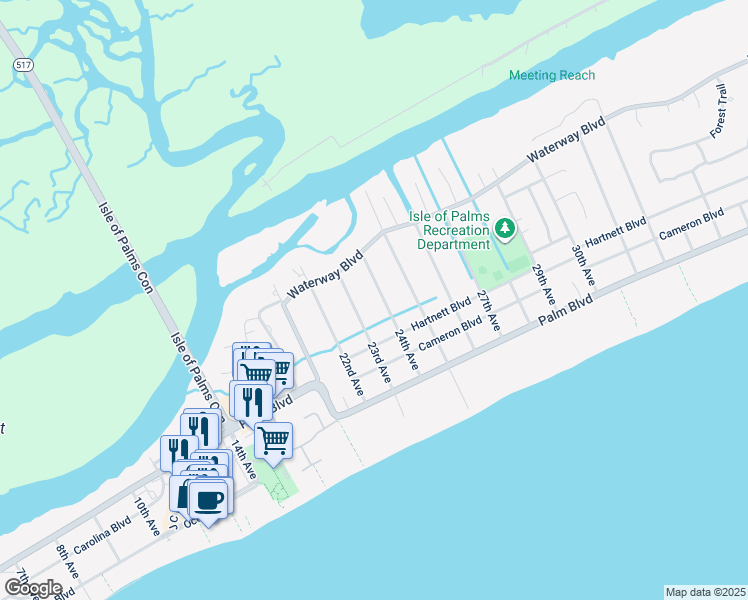 map of restaurants, bars, coffee shops, grocery stores, and more near 24 23rd Avenue in Isle of Palms