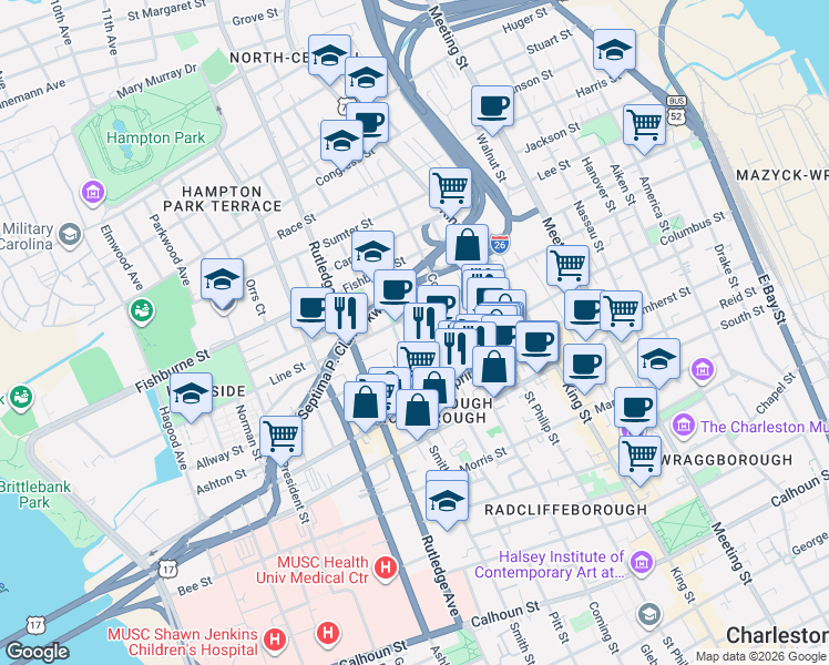map of restaurants, bars, coffee shops, grocery stores, and more near in Charleston