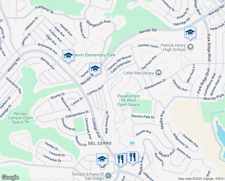 map of restaurants, bars, coffee shops, grocery stores, and more near 6095 Caminito Pan in San Diego