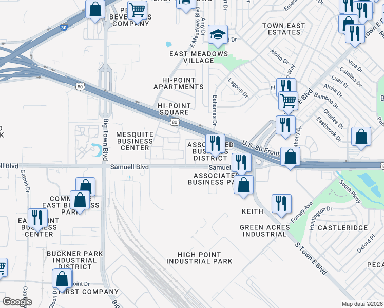 map of restaurants, bars, coffee shops, grocery stores, and more near 4049 Samuell Boulevard in Mesquite