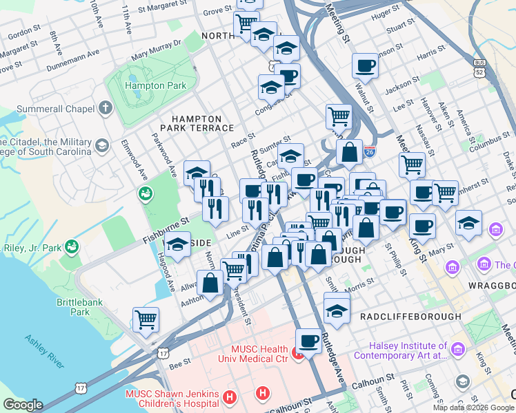 map of restaurants, bars, coffee shops, grocery stores, and more near 20 Nunan Street in Charleston