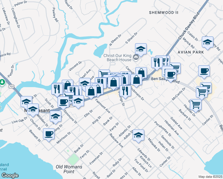 map of restaurants, bars, coffee shops, grocery stores, and more near 736 Coleman Boulevard in Mount Pleasant