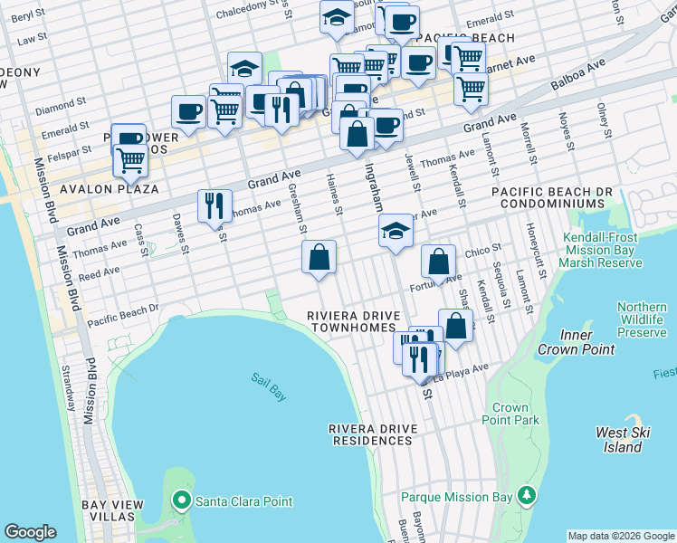 map of restaurants, bars, coffee shops, grocery stores, and more near 4073 Riviera Drive in San Diego