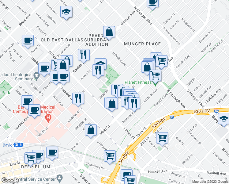 map of restaurants, bars, coffee shops, grocery stores, and more near 4503 Reiger Avenue in Dallas