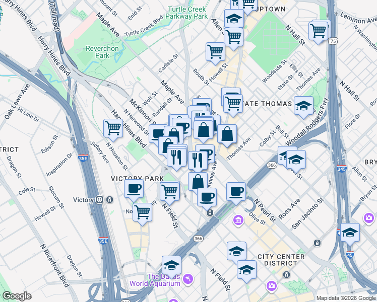 map of restaurants, bars, coffee shops, grocery stores, and more near 2101 Cedar Springs Road in Dallas