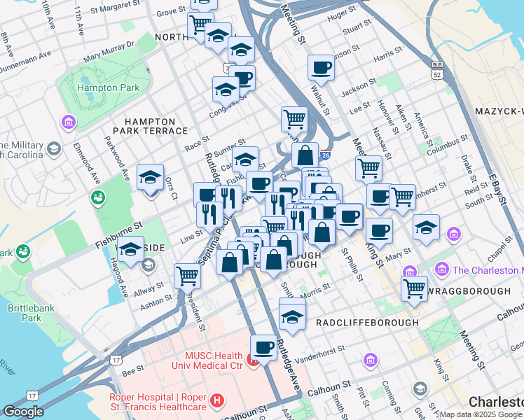 map of restaurants, bars, coffee shops, grocery stores, and more near 44 Rose Lane in Charleston