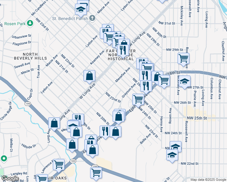 map of restaurants, bars, coffee shops, grocery stores, and more near 2313 Wagner Avenue in Fort Worth