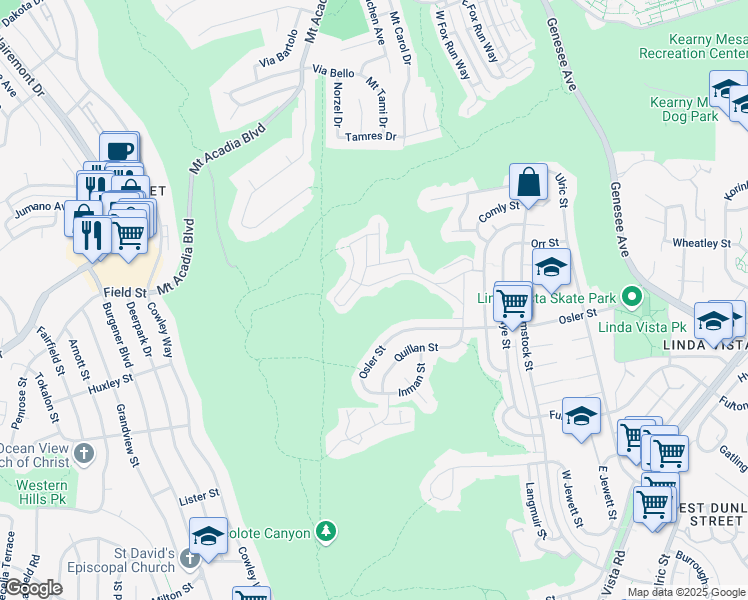 map of restaurants, bars, coffee shops, grocery stores, and more near 2750 Wheatstone Street in San Diego