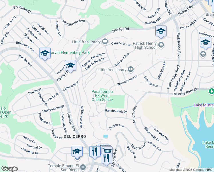 map of restaurants, bars, coffee shops, grocery stores, and more near 6221 Brynwood Court in San Diego