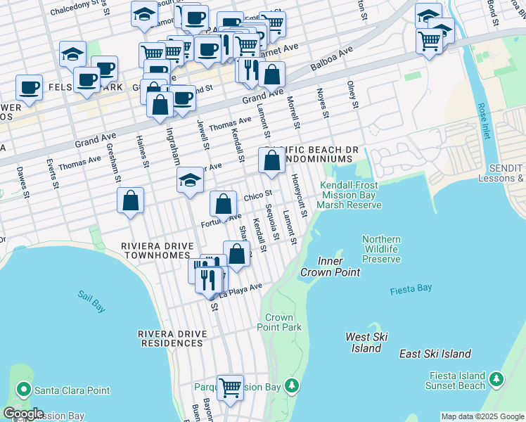 map of restaurants, bars, coffee shops, grocery stores, and more near 3976 Sequoia Street in San Diego
