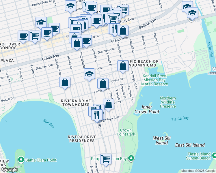 map of restaurants, bars, coffee shops, grocery stores, and more near 1787 Fortuna Avenue in San Diego
