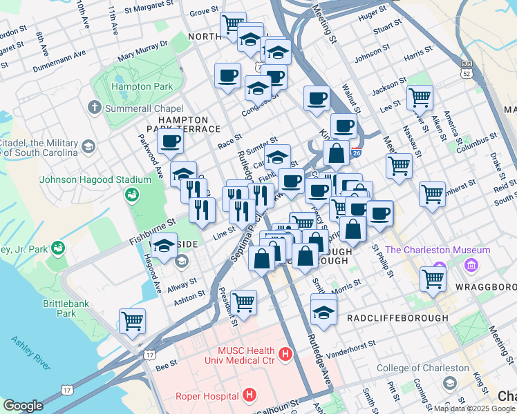 map of restaurants, bars, coffee shops, grocery stores, and more near 280 Rutledge Avenue in Charleston