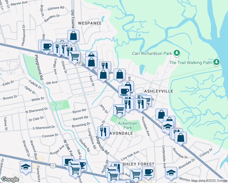 map of restaurants, bars, coffee shops, grocery stores, and more near 933 Saint Andrews Boulevard in Charleston