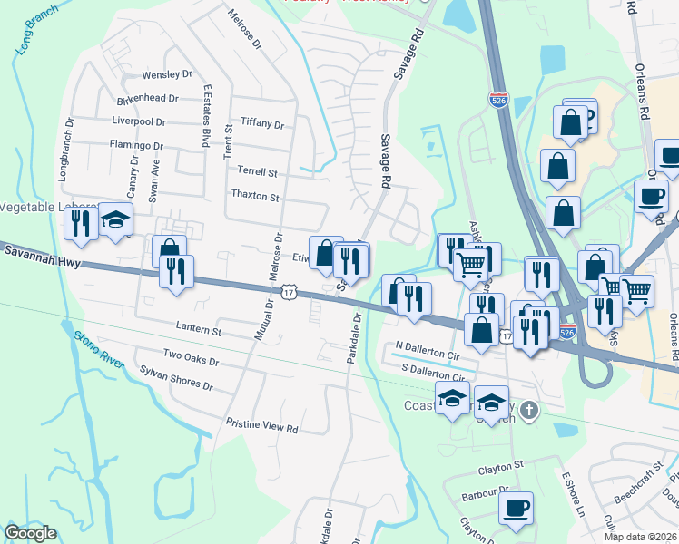 map of restaurants, bars, coffee shops, grocery stores, and more near in Charleston County