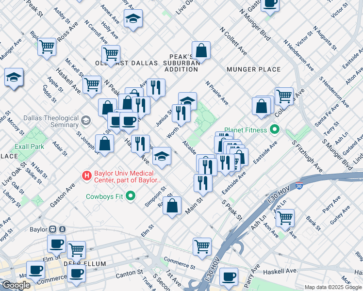 map of restaurants, bars, coffee shops, grocery stores, and more near 401 Alcalde Street in Dallas