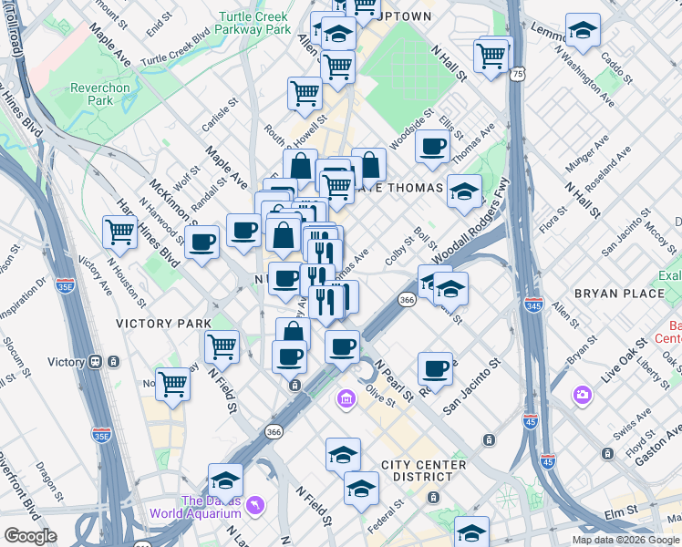 map of restaurants, bars, coffee shops, grocery stores, and more near 7 Maple-Routh Connection in Dallas
