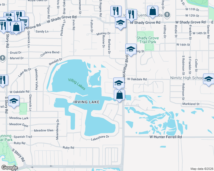 map of restaurants, bars, coffee shops, grocery stores, and more near 2105 Lake Bend Drive in Irving