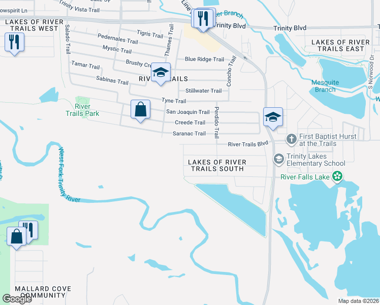 map of restaurants, bars, coffee shops, grocery stores, and more near 8950 Rushing River Drive in Fort Worth