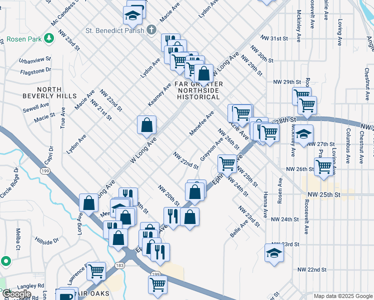 map of restaurants, bars, coffee shops, grocery stores, and more near 2313 Wagner Avenue in Fort Worth