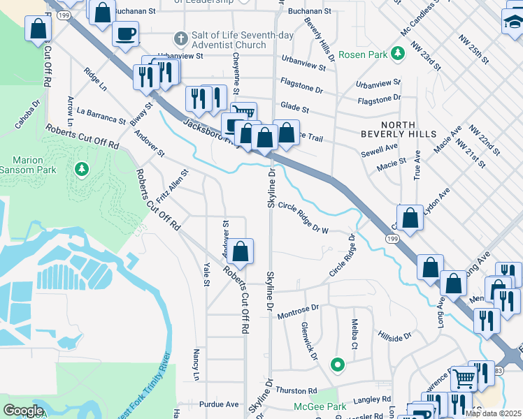 map of restaurants, bars, coffee shops, grocery stores, and more near 2126 Castleberry Cut Off Road in Fort Worth