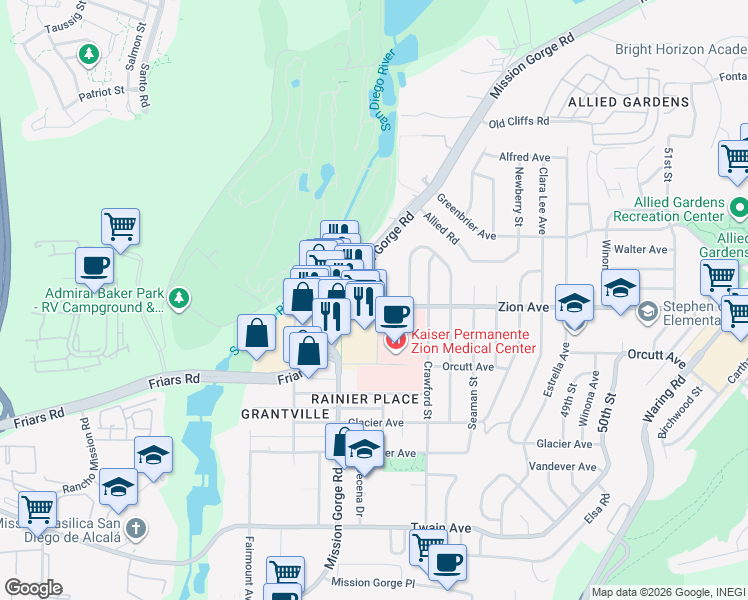 map of restaurants, bars, coffee shops, grocery stores, and more near 4546 Zion Avenue in San Diego