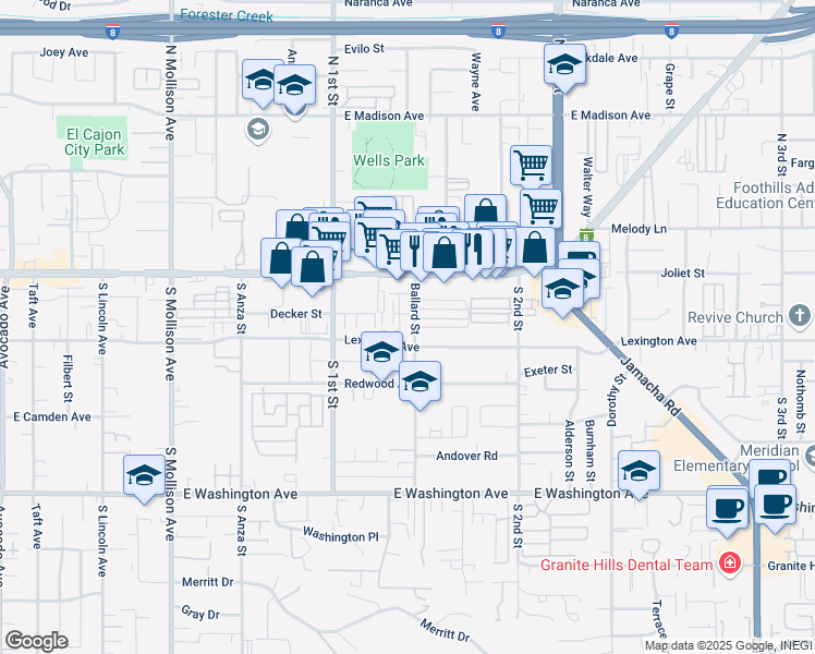 map of restaurants, bars, coffee shops, grocery stores, and more near in El Cajon