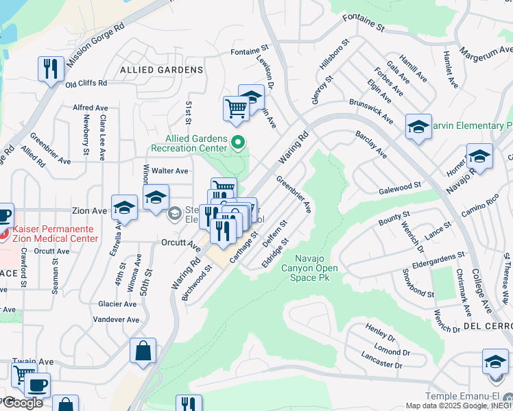map of restaurants, bars, coffee shops, grocery stores, and more near 6662 Birchwood Street in San Diego