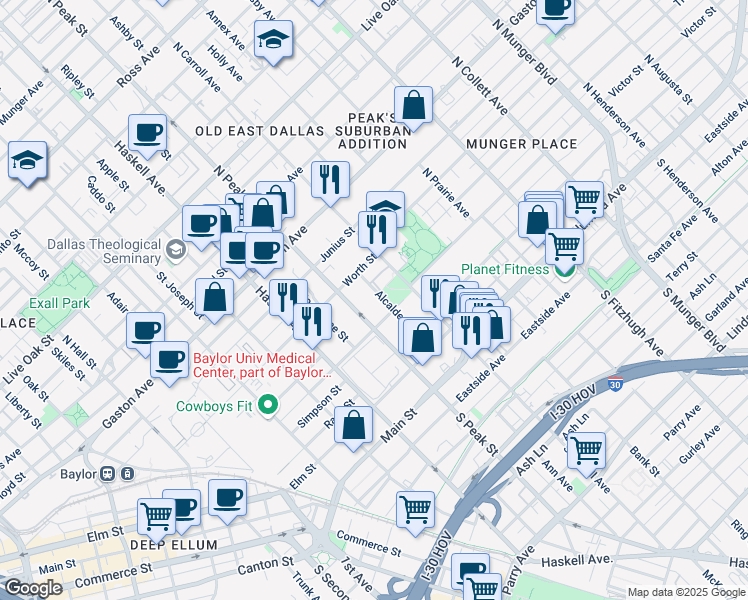 map of restaurants, bars, coffee shops, grocery stores, and more near 401 Alcalde Street in Dallas