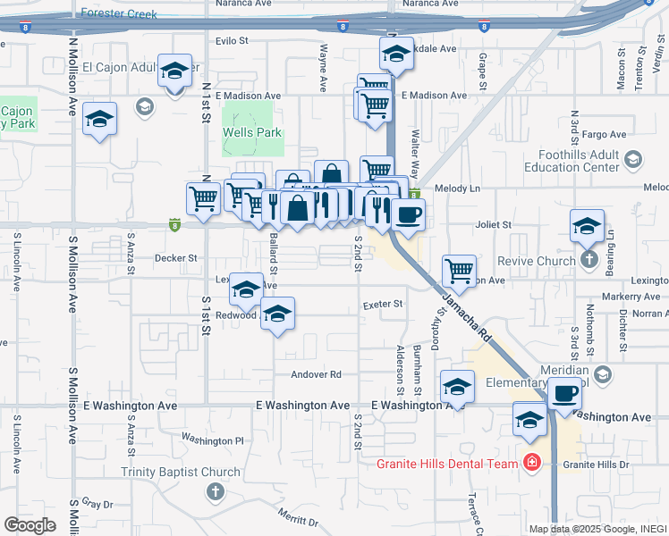 map of restaurants, bars, coffee shops, grocery stores, and more near 212 South 2nd Street in El Cajon