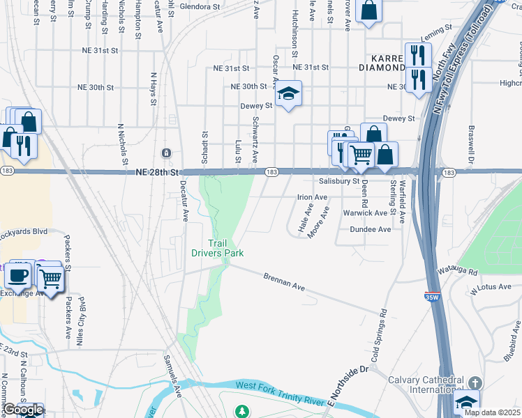 map of restaurants, bars, coffee shops, grocery stores, and more near 2616 Glendale Ave in Fort Worth