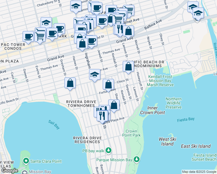 map of restaurants, bars, coffee shops, grocery stores, and more near 4019 Jewell Street in San Diego